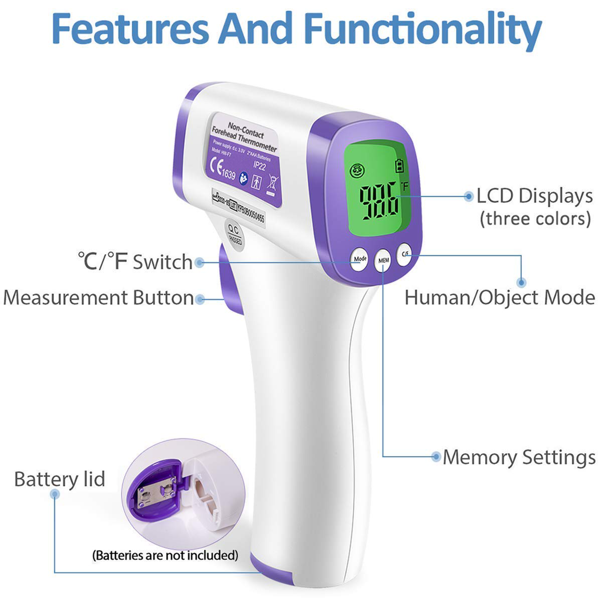 Heavy Duty Thermometer Infrared Forehead High Caliber Sensor No Contact with LCD Display for Medical Offices, Hospitals