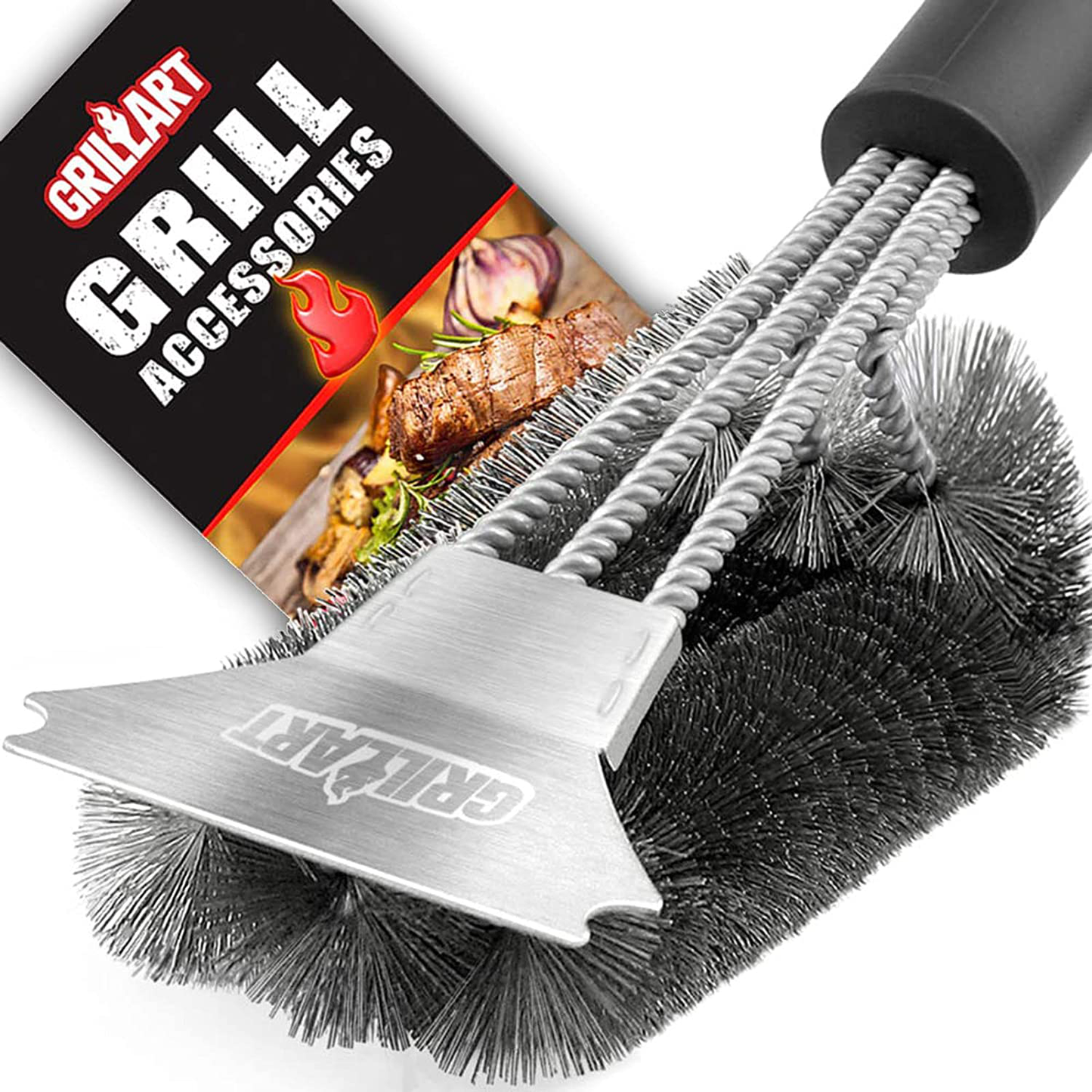 Grill Brush and Scraper - Extra Strong BBQ Cleaner Accessories - Safe Wire Bristles 18" Stainless Steel Barbecue Triple Scrubber Cleaning Brush for Gas/Charcoal Grilling Grates, Wizard Tool