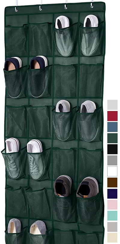 Gorilla Grip Large 24 Pocket Shoe Organizer, Breathable Mesh, Holds Up to 40 Pounds, Sturdy Hooks, Space Saving, Over Door, Storage Rack Hangs on Closets for Shoes, Sneakers, Accessories, Hunter Green