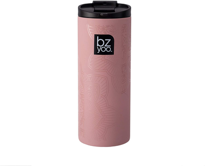 bzyoo Brew 18/8 Stainless Vacuum Drinking BPA-Free 12oz Coffee Mug Water Thermal Bottle with Leak Proof Design for Hike Camping Holiday New Year Gifts Wellness (La La Mandala, Dusty Pink)