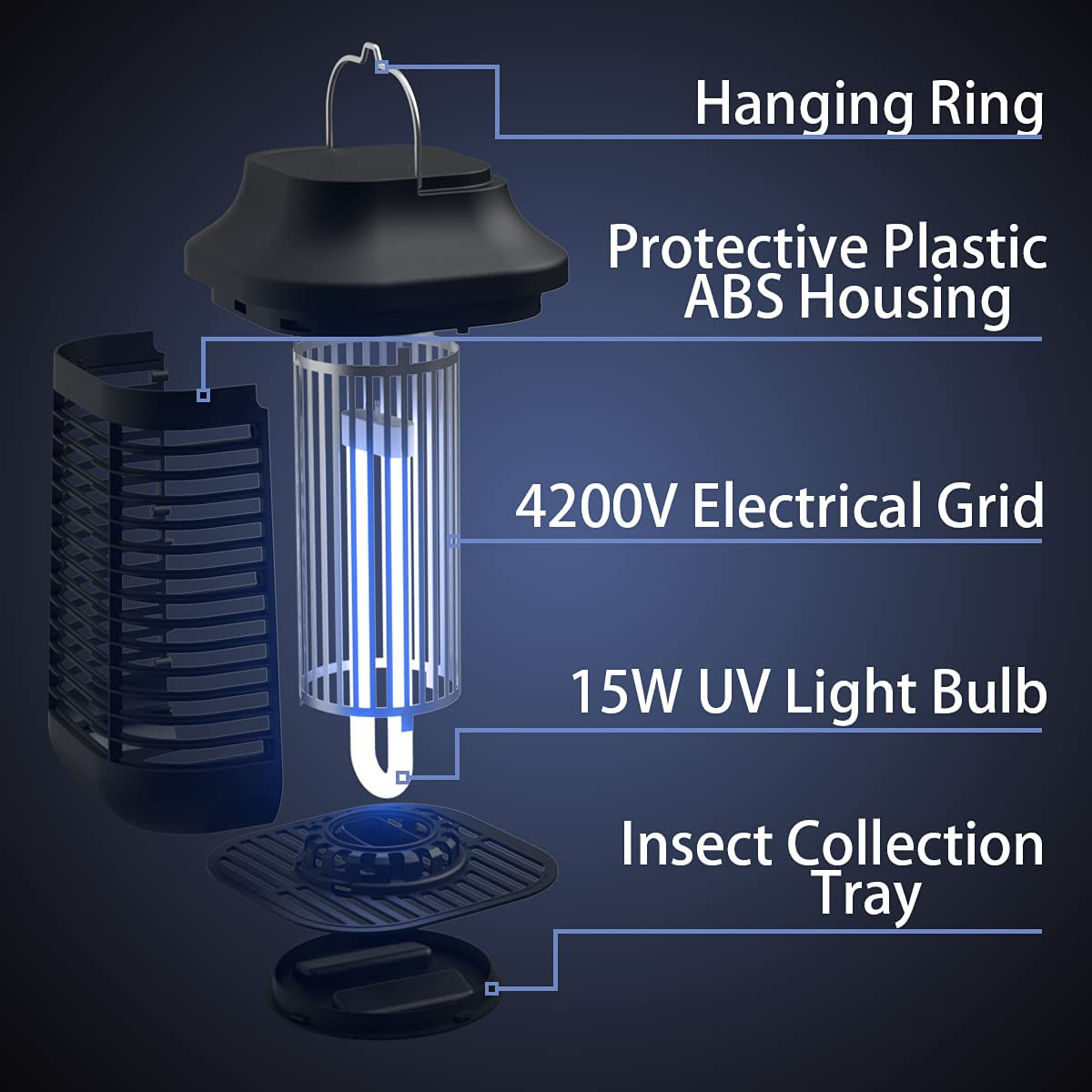 Bug Zapper Outdoor/Indoor,4200V High Powered Waterproof Electronic Mosquito Killer,15W UVA Mosquito Lamp Bulb,Fly Traps Patio Insects Killer,Trap Killer for Home,Kitchen, Backyard, Camping