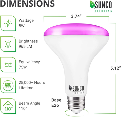 Sunco Lighting Plant Lights for Indoor Growing, BR30 LED Grow Light for Indoor Plants Full Spectrum, 8W=75W, E26 Base, Frosted Bulb, 120V, Indoor Gardening, for Greenhouse Year round UL 4 Pack