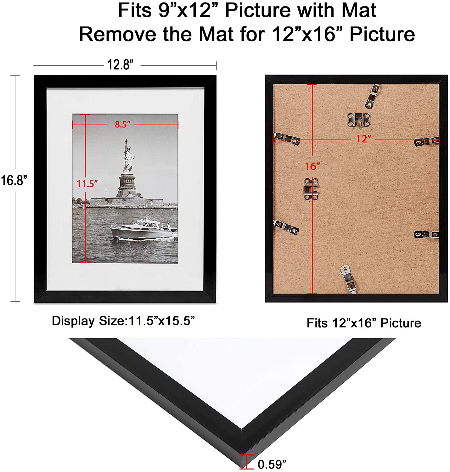 ENJOYBASICS 12x18 Picture Frame Black Poster Frame,Display Pictures 11x17 with Mat or 12x18 Without Mat,Wall Gallery Photo Frames,2 Pack