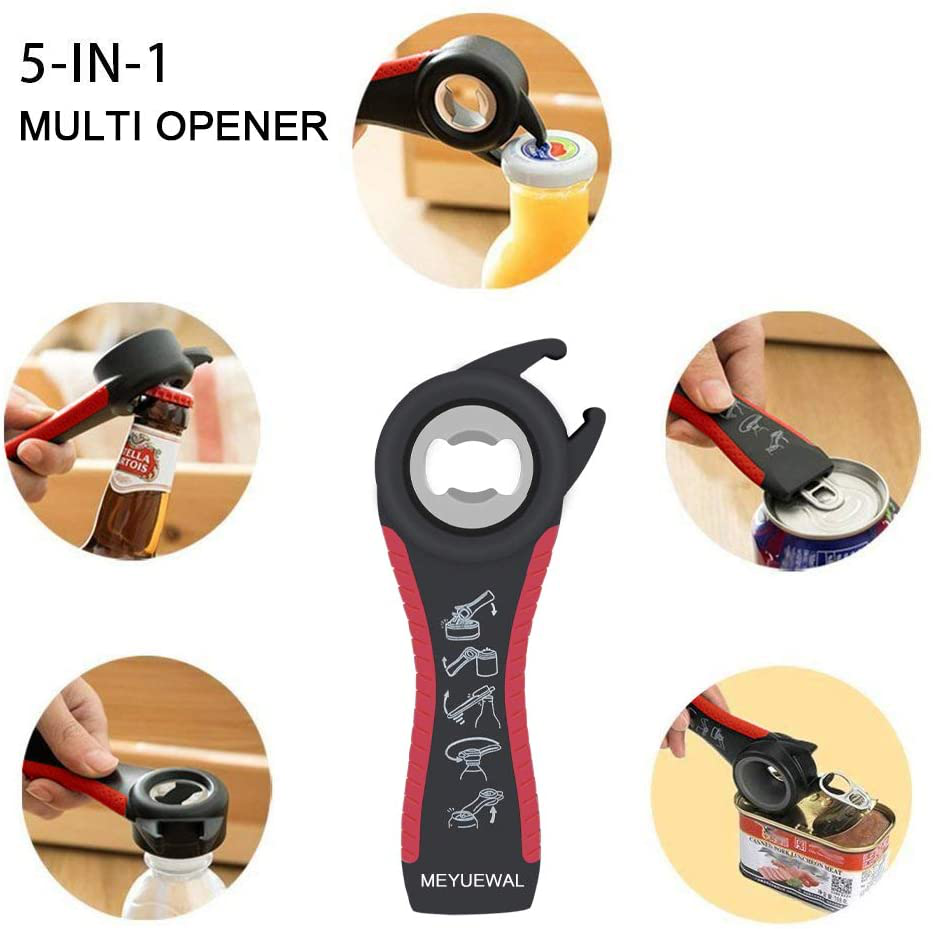 Jar Opener, 5 in 1 Multi Function Can Opener Bottle Opener Kit with Silicone Handle Easy to Use for Children, Elderly and Arthritis Sufferers (New red)