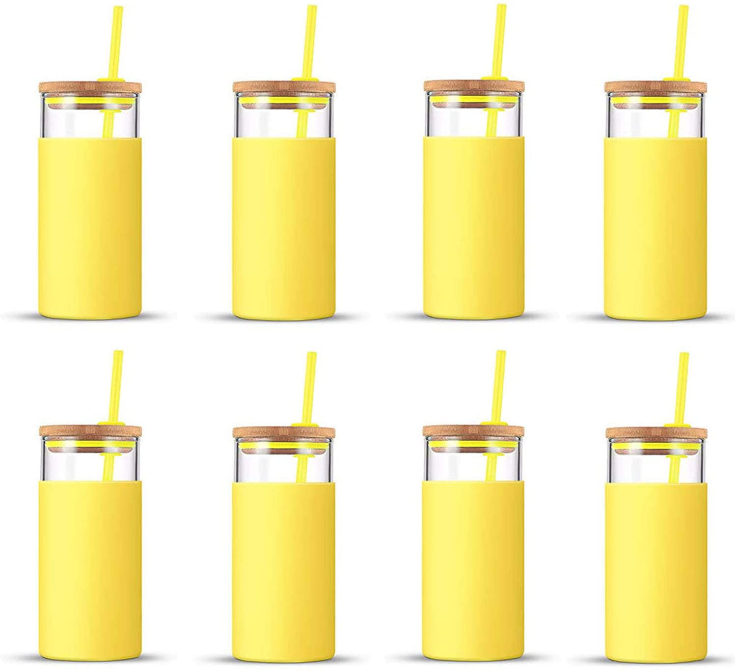 tronco 20oz Glass Tumbler Glass Water Bottle Straw Silicone Protective Sleeve Bamboo Lid - BPA Free (Spring Yellow/ 8Pack)