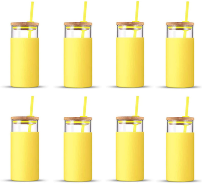 tronco 20oz Glass Tumbler Glass Water Bottle Straw Silicone Protective Sleeve Bamboo Lid - BPA Free (Spring Yellow/ 8Pack)