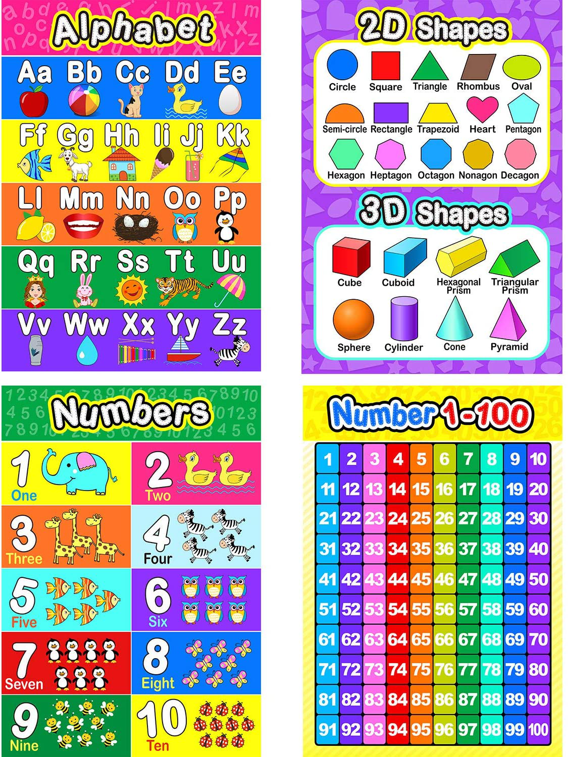 Educational Preschool Poster for Toddler and Kid with Glue Point Dot for Nursery Homeschool Kindergarten Classroom - Teach Numbers Alphabet Colors Days and More 16 x 11 Inch (4 Pieces, Style C)