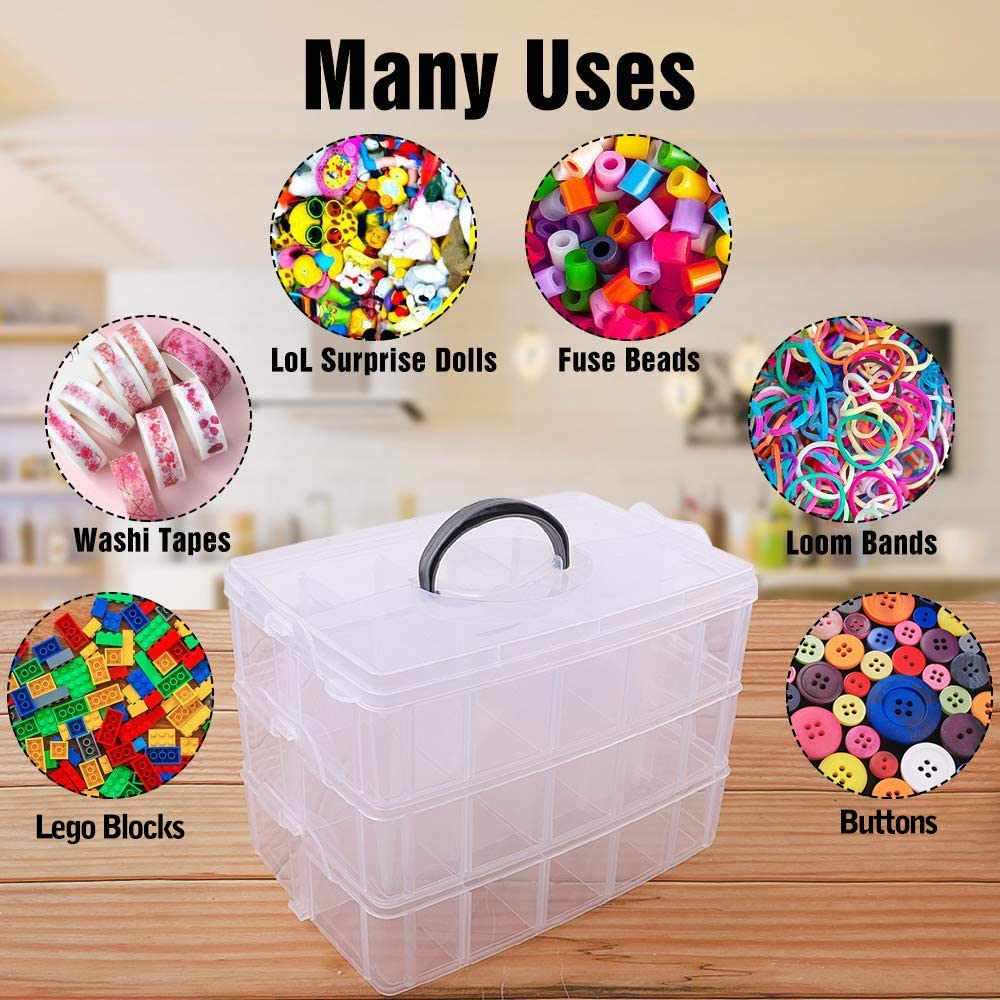 SGHUO 3-Tier Stackable Storage Container Box with 30 Compartments, Plastic Organizer Box for Arts and Crafts, Toy, Fuse Beads, Washi Tapes, 9.5X6.5X7.2Inch