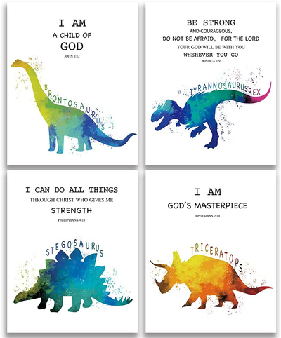 SUUURA-OO Christian Quotes Bible Scripture Quote Dinosaur Watercolor Wall Art Prints Set of 4 (8”X10”), Dinosaur Poster Wall Decor for Kids Teens Boys Room Bedroom Nursery Unframed
