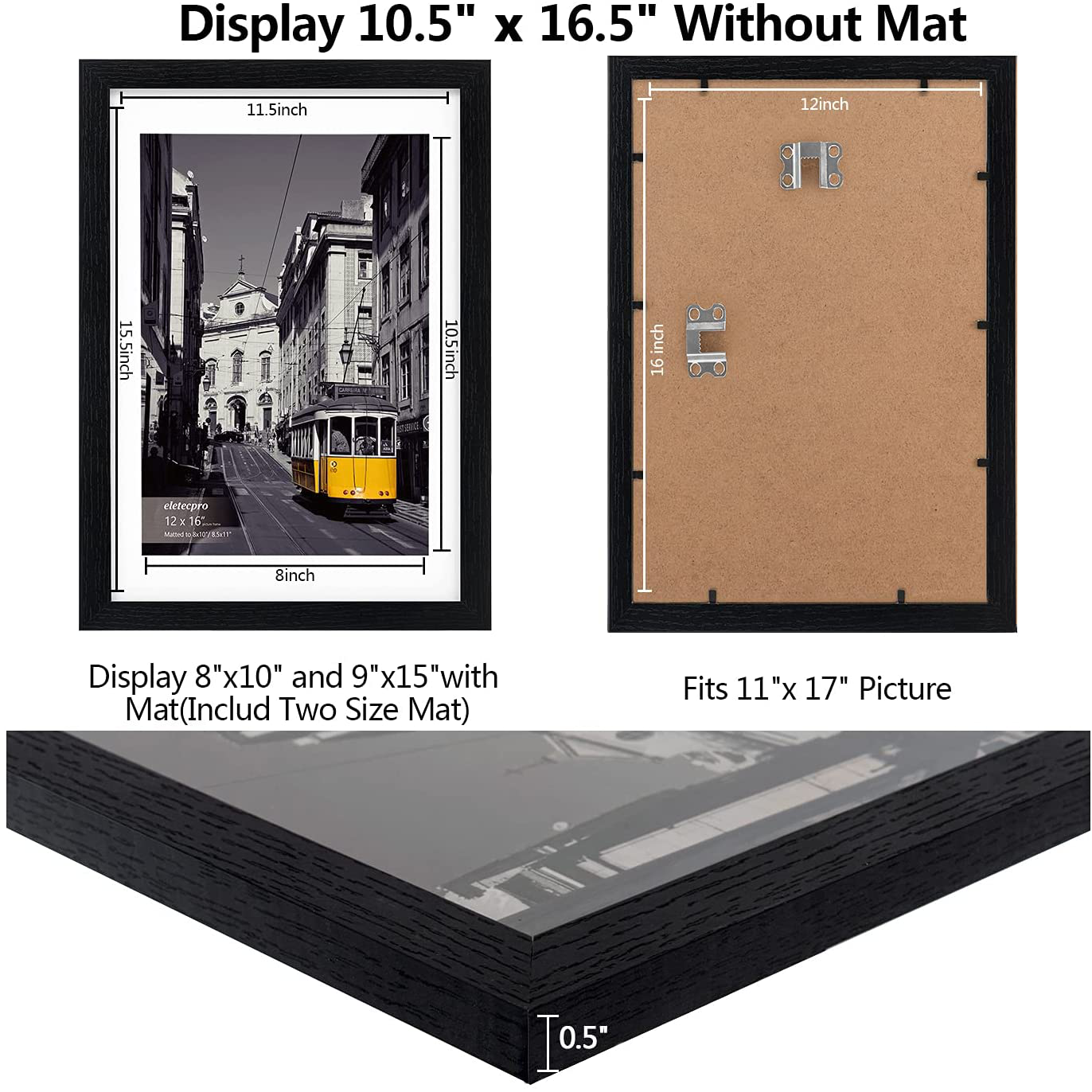 eletecpro 11X17 Picture Frames Set of 5, Display 8x10 or 9x15 Photo Frame with Mat or 11x17 Without Mat, Wall Gallery Poster Frames, Photo Frames Collage for Wall Display