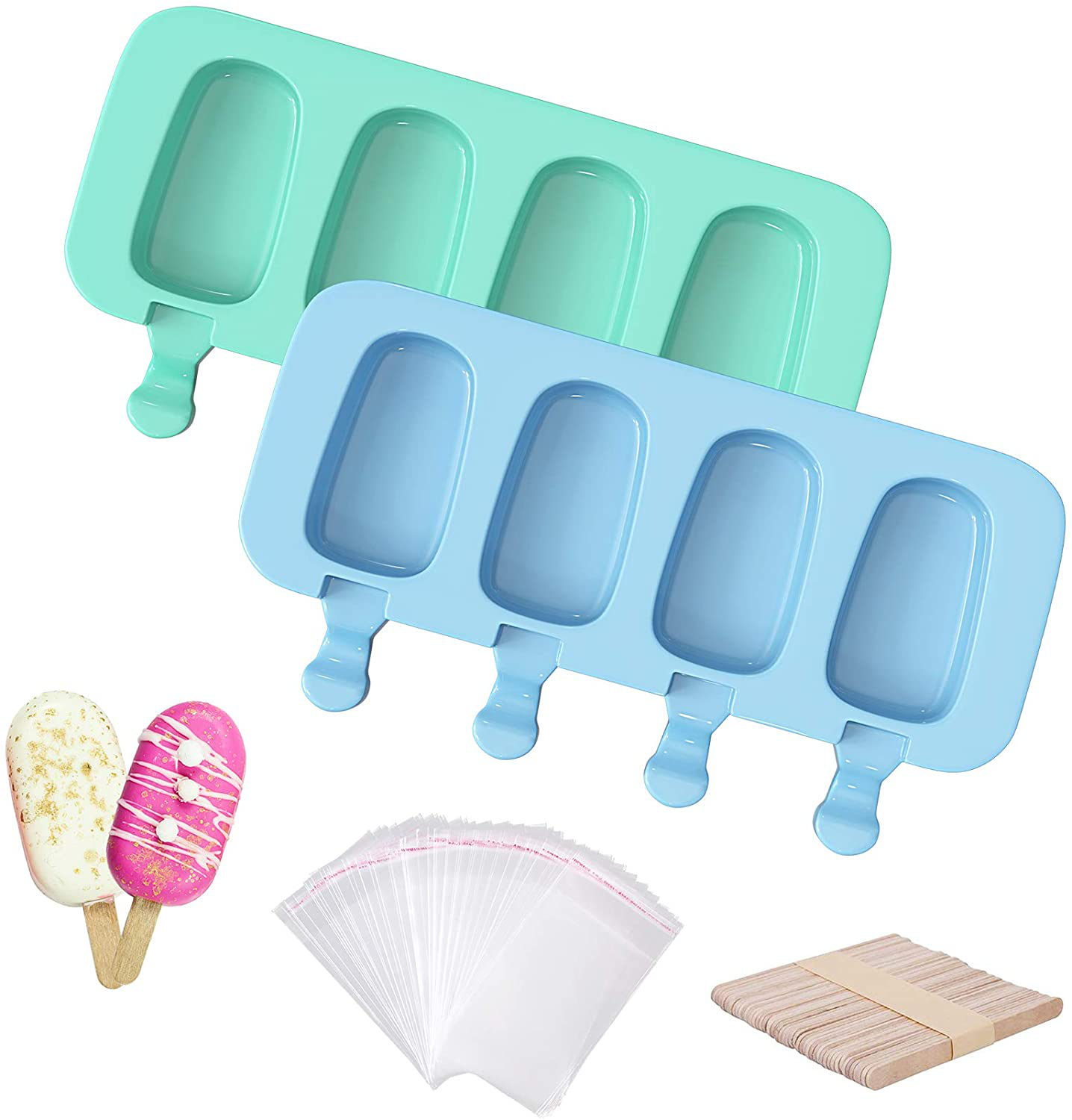 Ouddy Upgrade 2 Pack Large Popsicle Molds, Ice Cream Mold & Silicone Cakesicle Molds with 50 Wooden Sticks & 30 Popsicle Bags for DIY Ice Pop and Cake