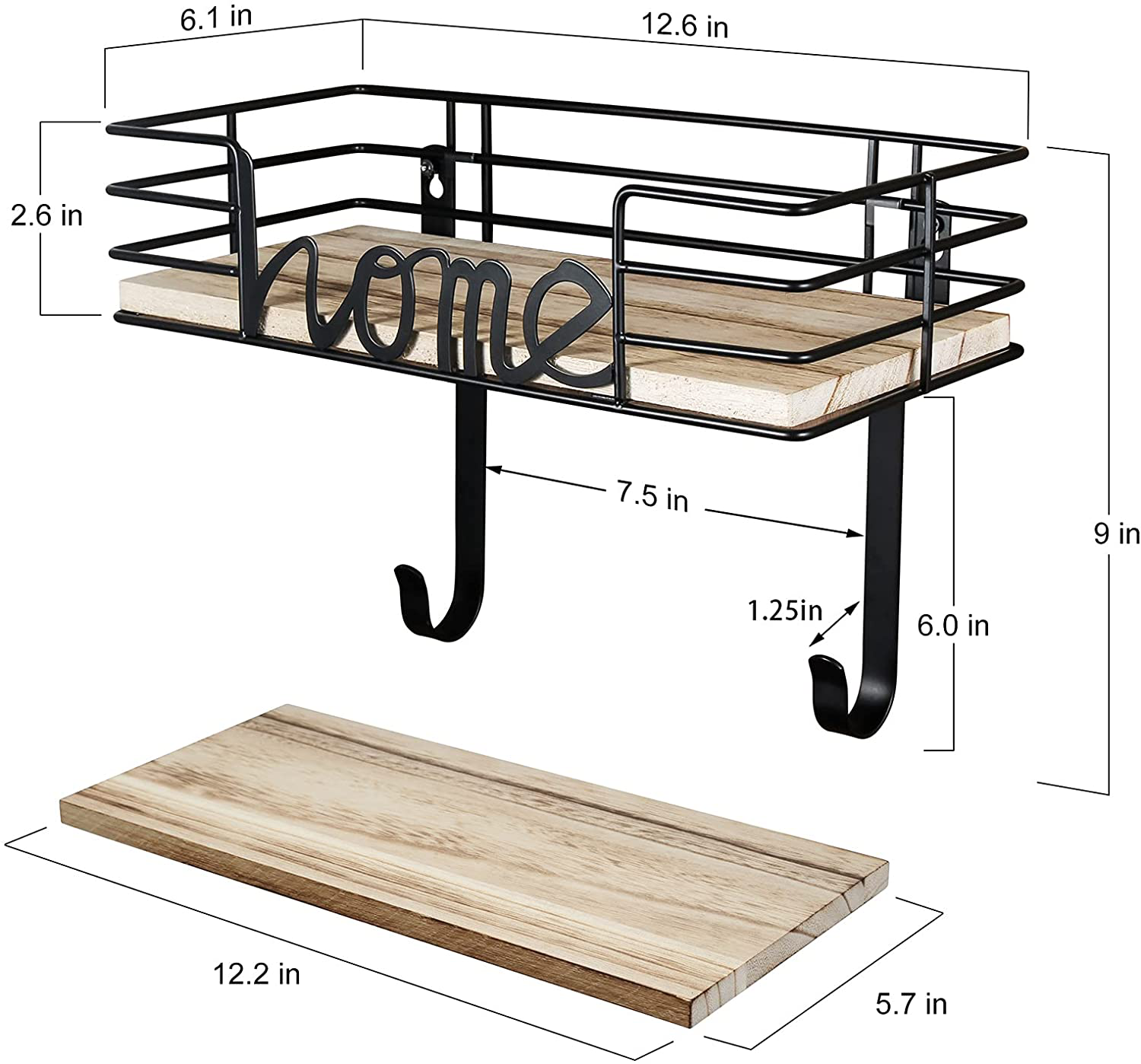 TJ.MOREE Laundry Room Decor-Ironing Board Hanger- Metal Wall Mount Iron and Ironing Board Holder, Laundry Room Organization and Storage with Large Storage Black Wooden Base Basket and Removable Hooks