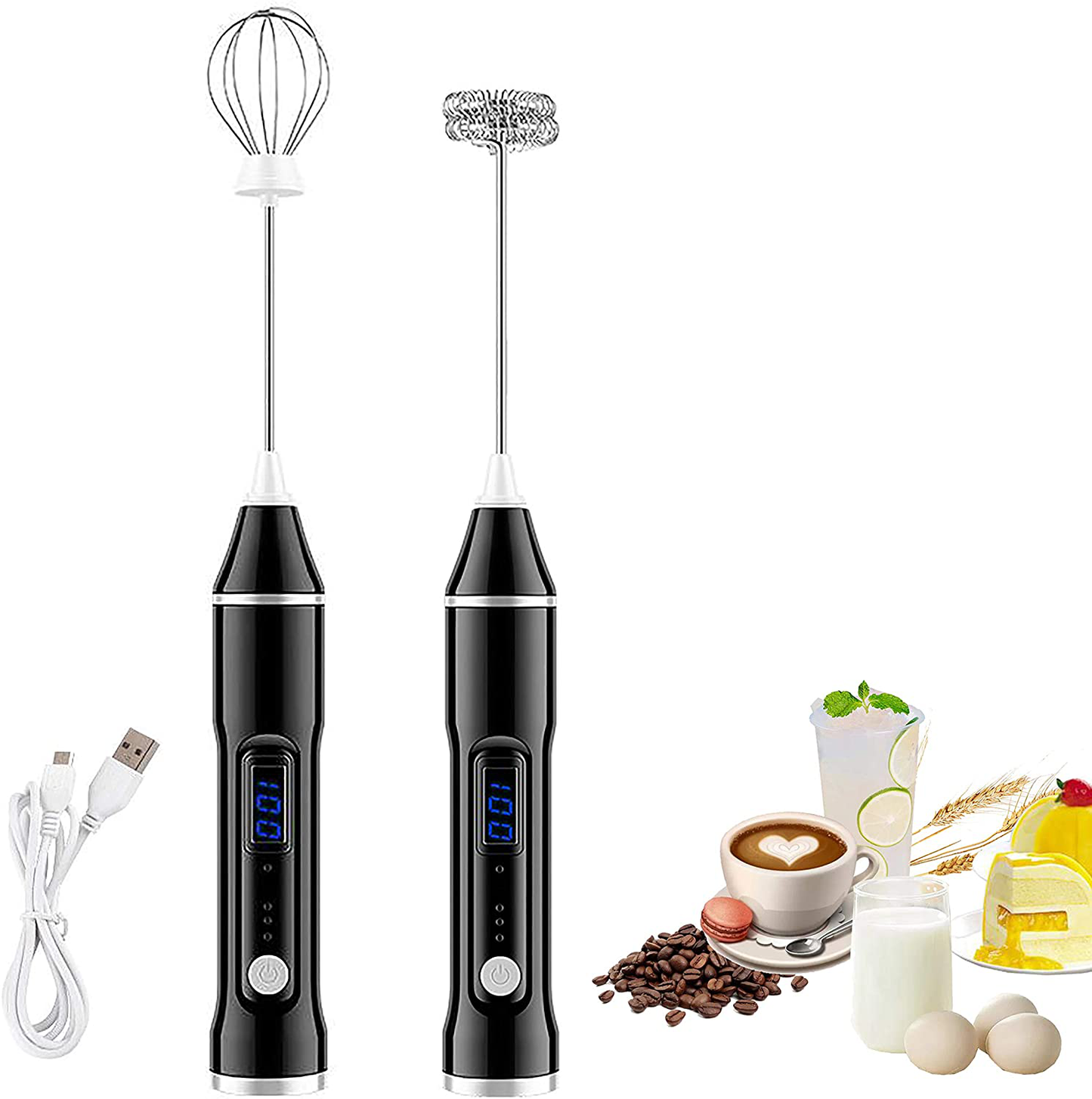 Milk Frother, USB Rechargeable Handheld Electric Foam Maker for Coffee and Baking, 3 Speeds Mini Milk Foamer Drink Mixer Cream Blender with 2 Whisks for Coffee Protein Powder Matcha Black