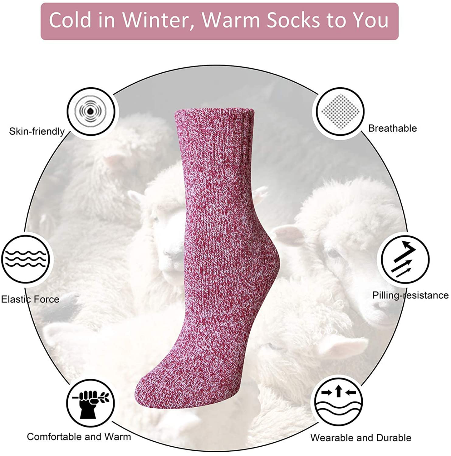 Womens Wool Socks, 5 Pairs Vintage Thick Knit Winter Warm Socks for Women Men Gifts