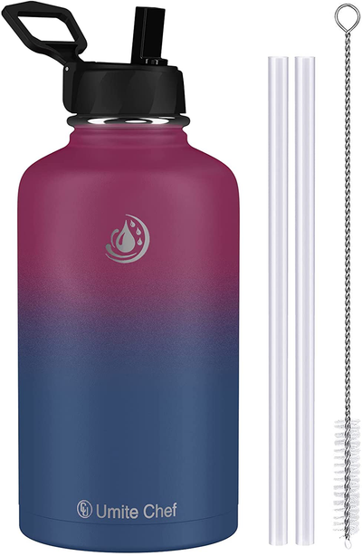 Umite Chef Water Bottle, Vacuum Insulated Wide Mouth Stainless-Steel Sports 64OZ Water Bottle with New Wide Handle Straw Lid,Hot Cold, Double Walled Thermo Mug Rose