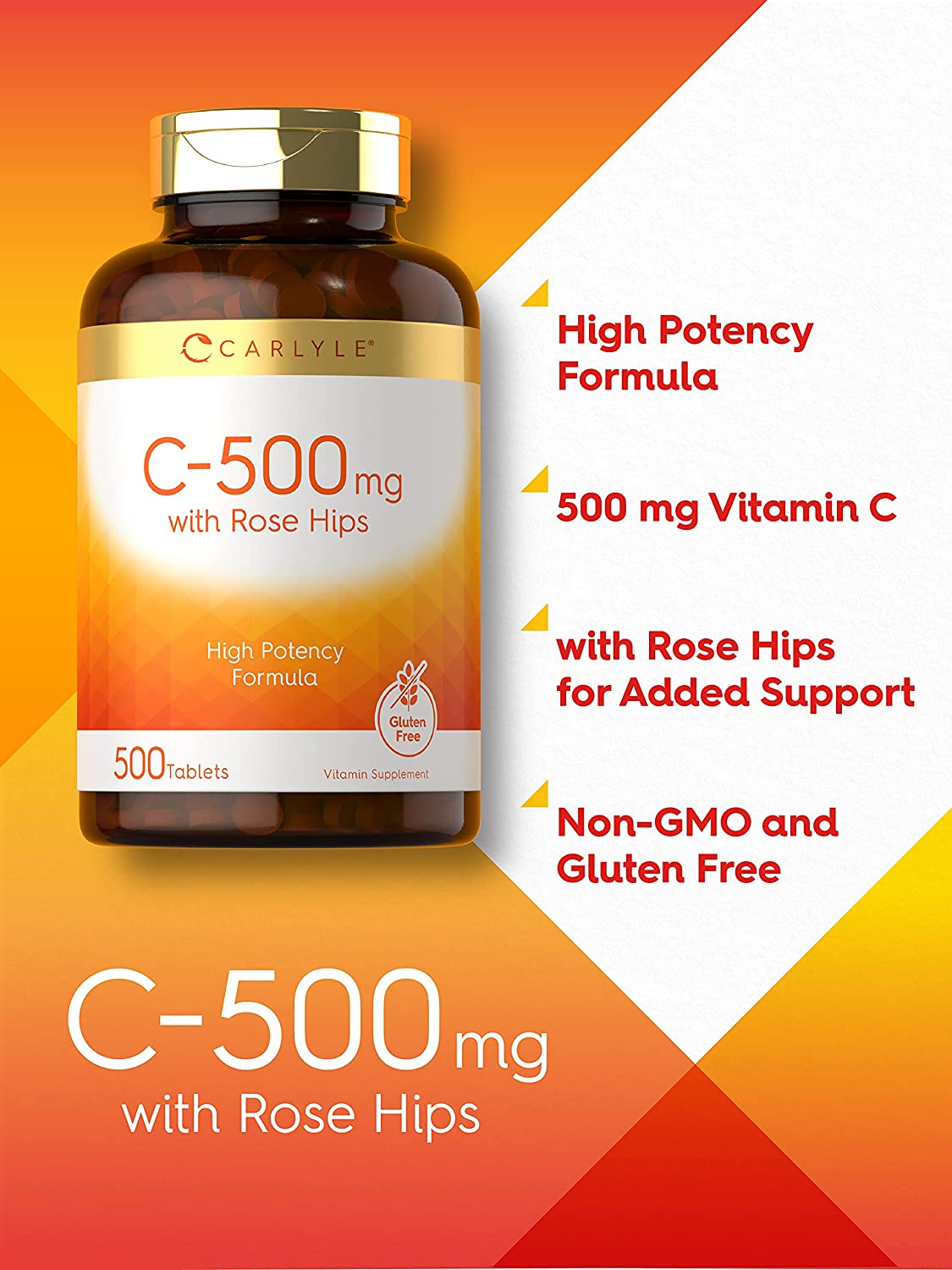 Vitamin C with Rose Hips 500Mg | 500 Tablets | Vegetarian, Non-Gmo and Gluten Free Supplement | High Potency Formula | by Carlyle