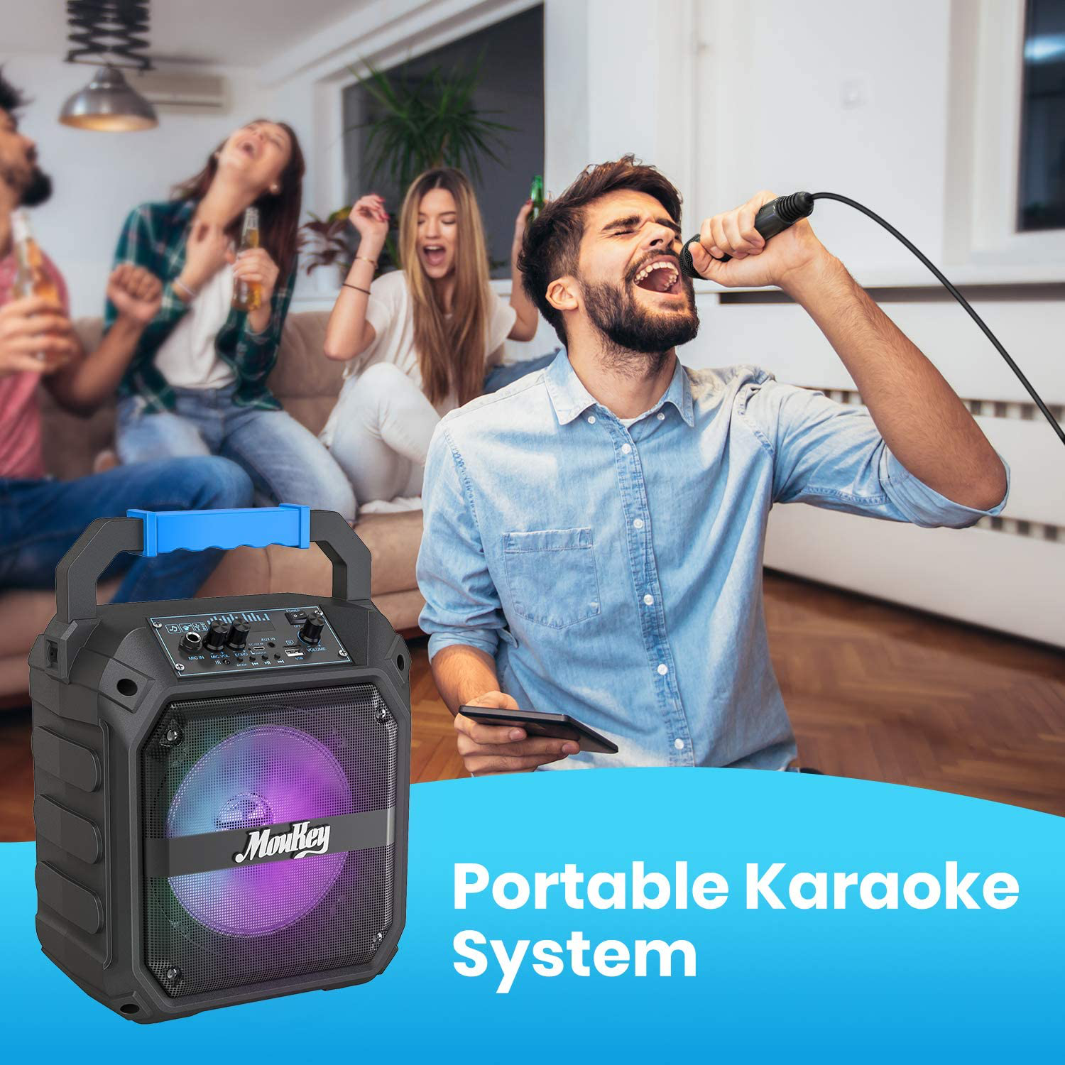 Moukey Bluetooth Karaoke Speaker - 6.5'', Portable Karaoke Machine PA Stereo System with Microphone, DJ Lights, FM Radio, Remote Control, Rechargeable, Supports TF Card/Usb