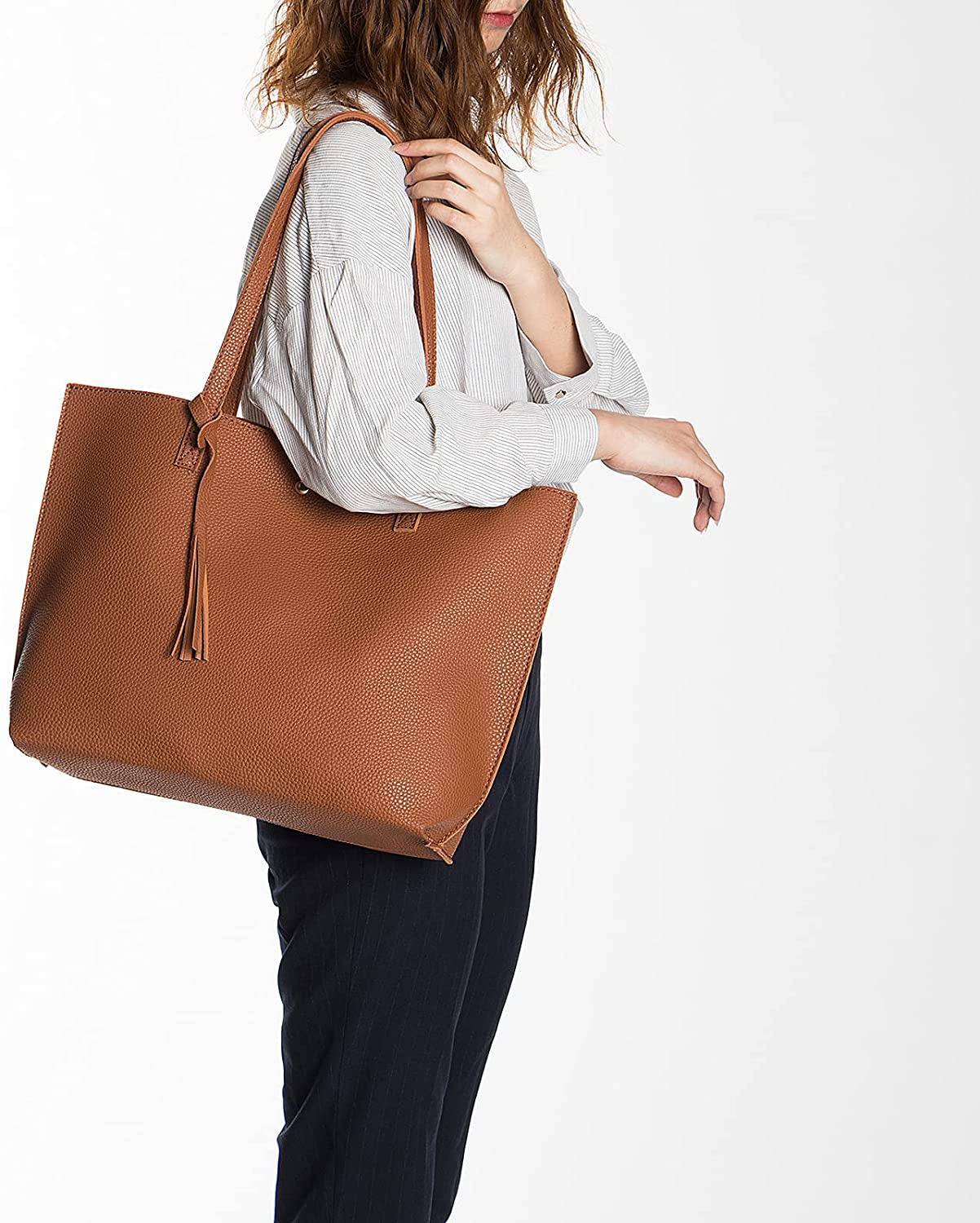 Women S Soft Faux Leather Tote Shoulder Bag from Lieseh, Big Capacity Tassel Handbag