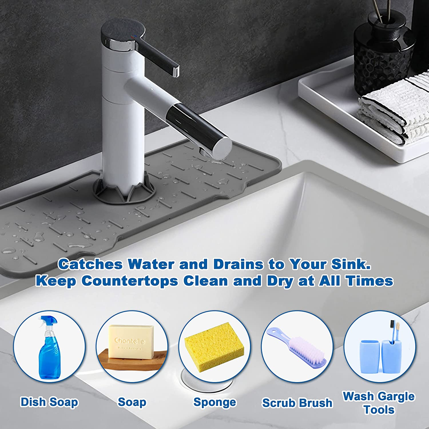 Kitchenguard Silicone Faucet Handle Drip Catcher Tray Mat, Faucet Sink Splash Guard Drying Mat, Silicon Faucet Splash Catcher Mat, Sink Protector Mat for Kitchen, Bathroom, Farmhouse