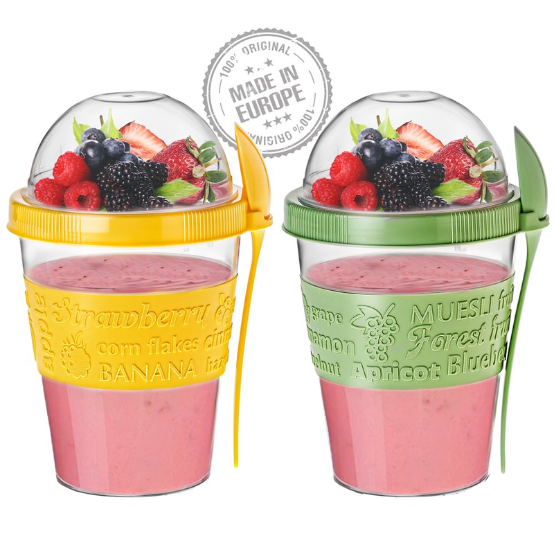 2 Pack Yogurt Parfait Cups with Lids, Breakfast on the Go Plastic Bowls with Topping Cup & Spoon