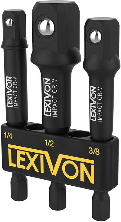 LEXIVON Impact Grade Socket Adapter Set, 3" Extension Bit With Holder | 3-Piece 1/4", 3/8", and 1/2" Drive, Adapt Your Power Drill To High Torque Impact Wrench (LX-101)