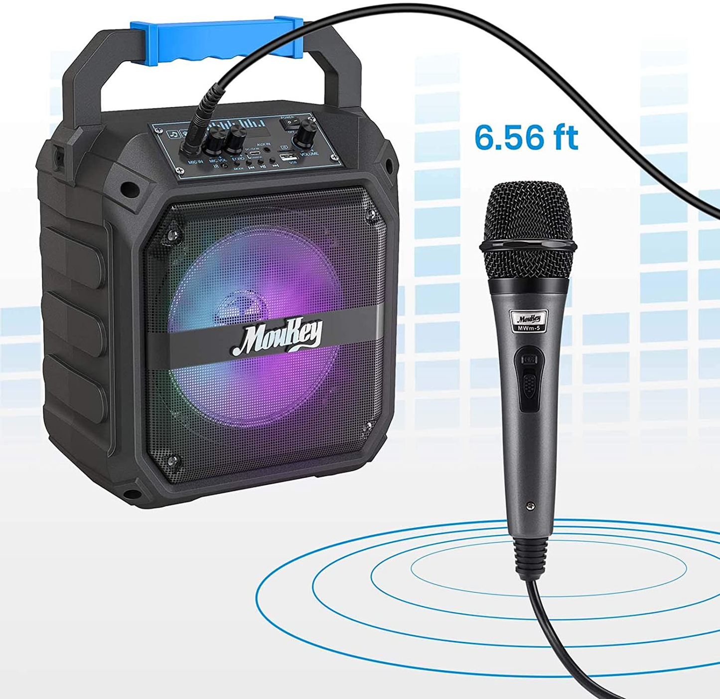 Moukey Bluetooth Karaoke Speaker - 6.5'', Portable Karaoke Machine PA Stereo System with Microphone, DJ Lights, FM Radio, Remote Control, Rechargeable, Supports TF Card/Usb