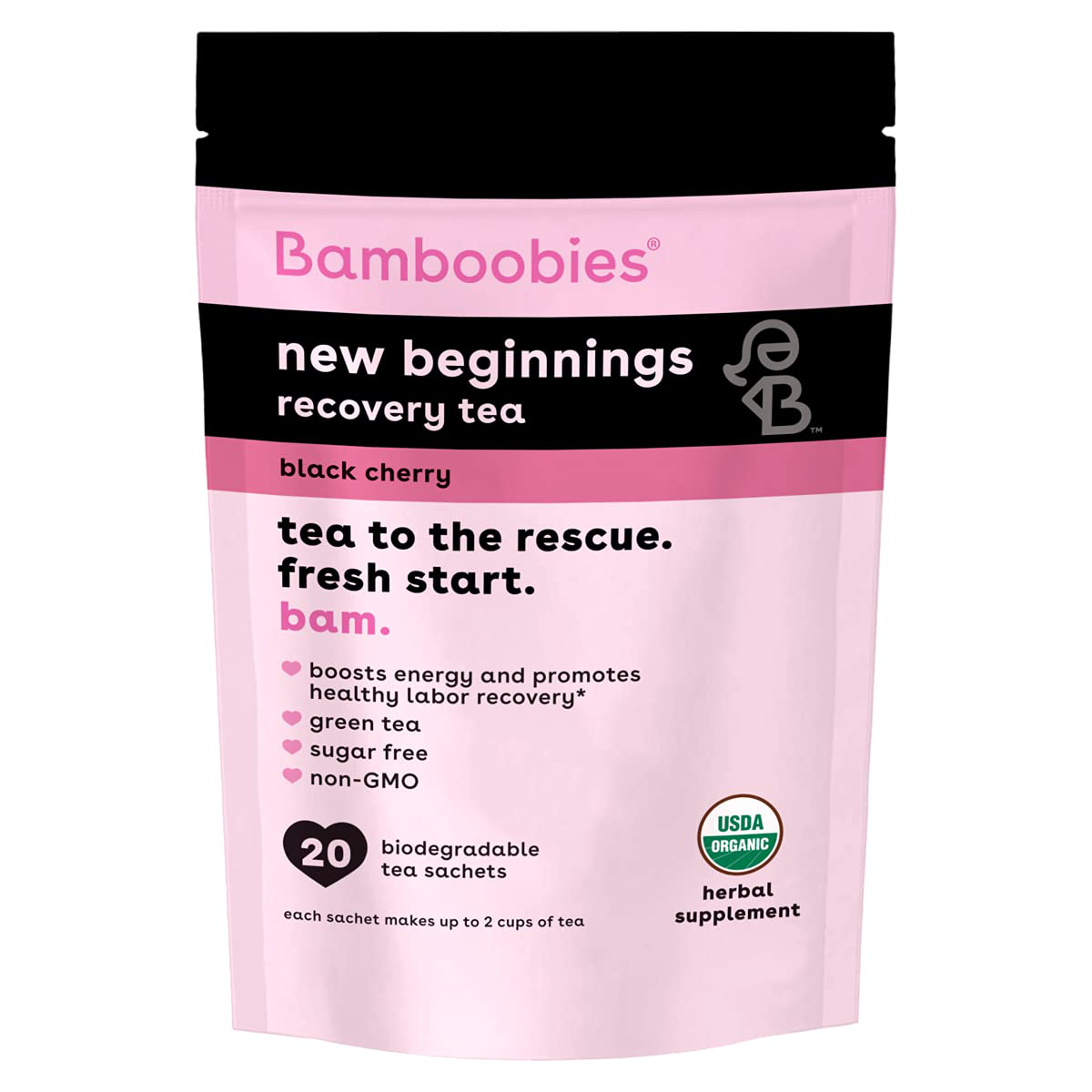 Bamboobies Women's Postpartum Tea, Black Cherry, Helps Balance Hormones and Mood, Organic, Non GMO, Caffeine Free, and Sugar Free, 20 Tea Bags