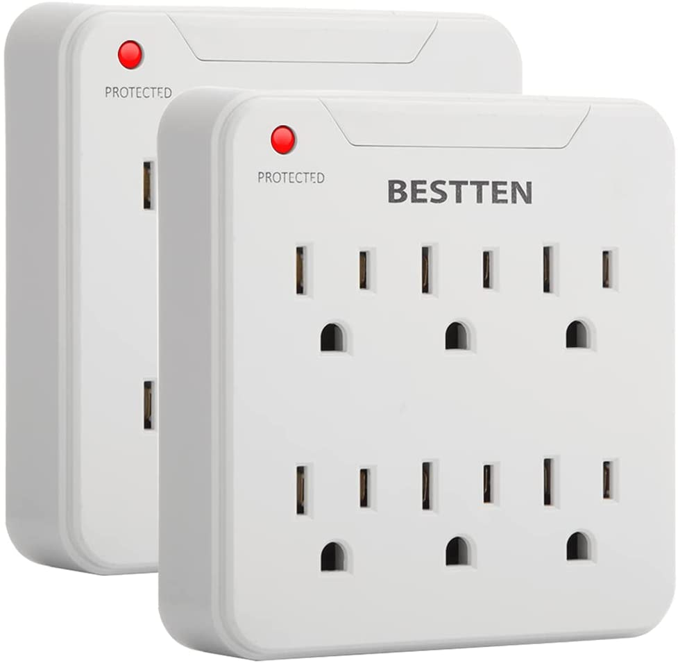 2 Pack 900-Joule Wall Outlet Surge Protector, 6-Outlet Adapter, 15A/125V/1875W, ETL Listed