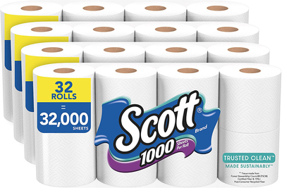 Scott 1000 Trusted Clean Toilet Paper, 32 Rolls, 1000 Sheets Per Roll, Bath Tissue