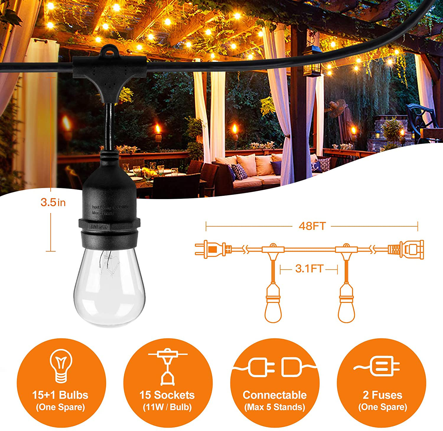 addlon 96 FT (2x48FT) Outdoor String Lights Commercial Grade Strand 32 Edison Vintage Bulbs 30 Hanging Sockets, UL Listed Heavy-Duty Decorative Café Patio Lights for Garden, White
