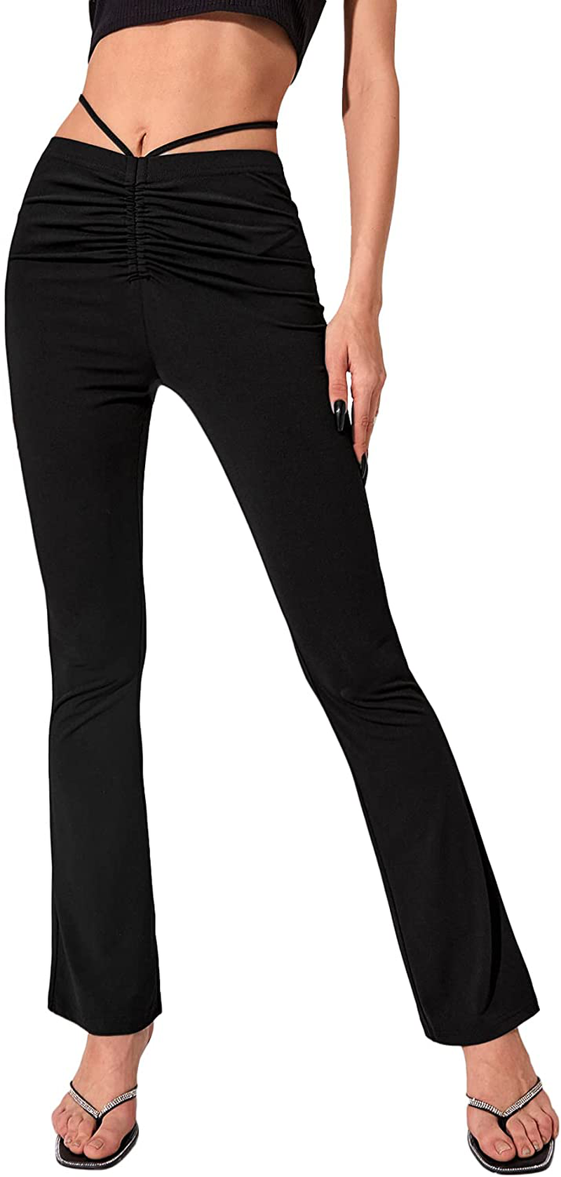 SheIn Women's High Waist Ruched Pants Cut Out Flared Leg Tie Back Trousers