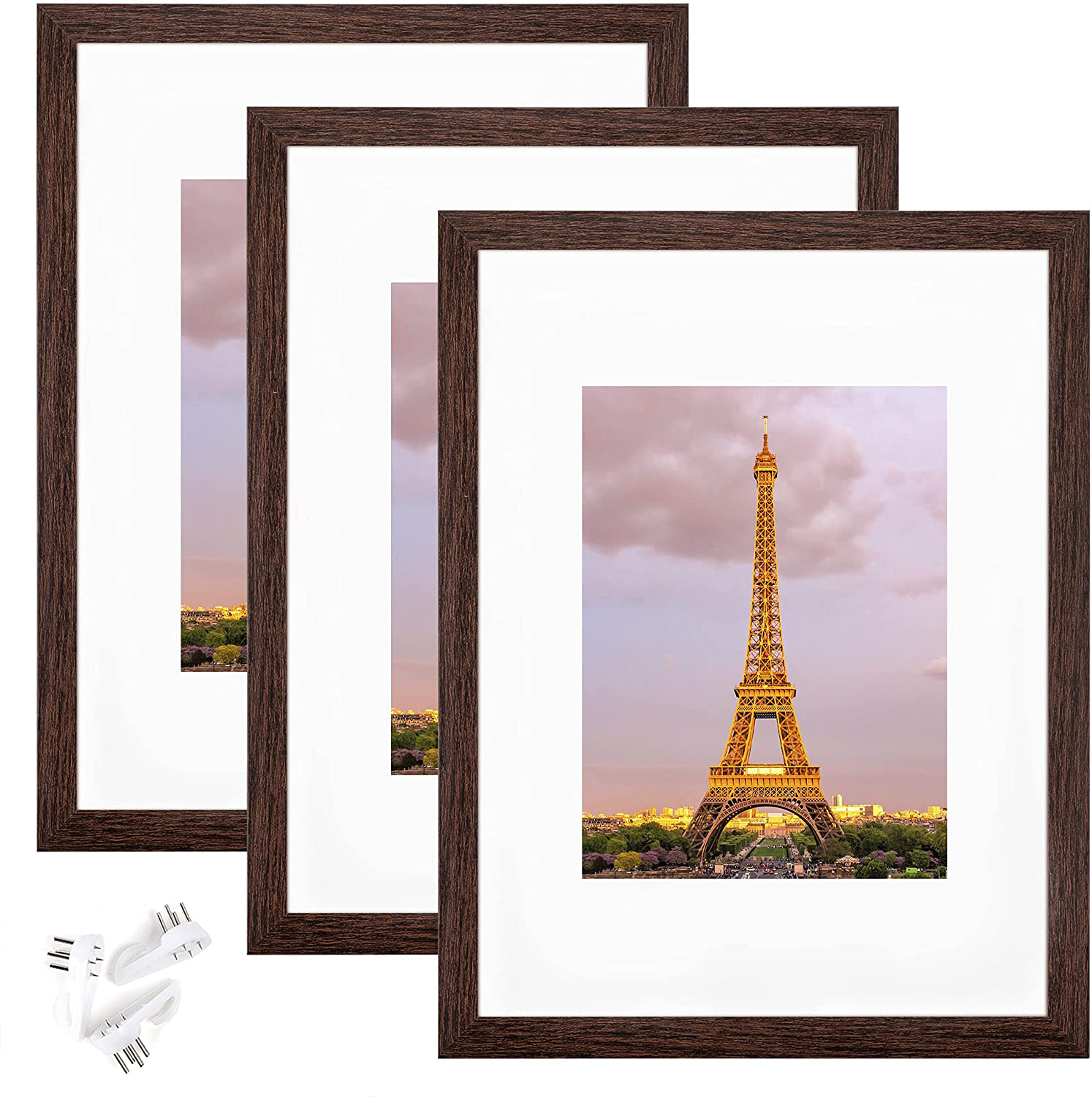 upsimples 9x12 Picture Frame Set of 3,Made of High Definition Glass for 6x8 with Mat or 9x12 Without Mat,Wall Mounting Photo Frame Dark Brown