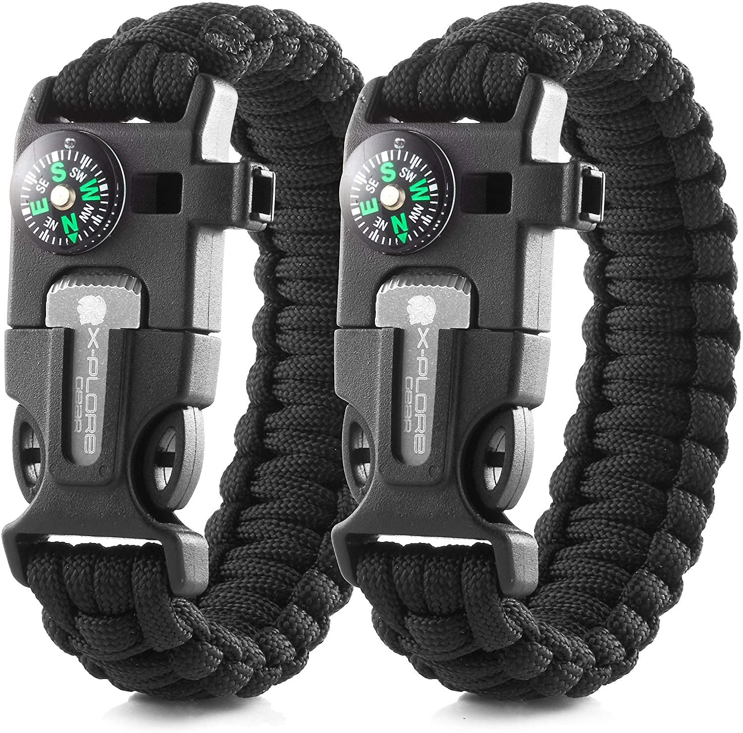Emergency Paracord Bracelets | Set of 2| the Ultimate Tactical Survival Gear| Flint Fire Starter, Whistle, Compass & Scraper | Best Wilderness Survival-Kit for Camping/Fishing & More