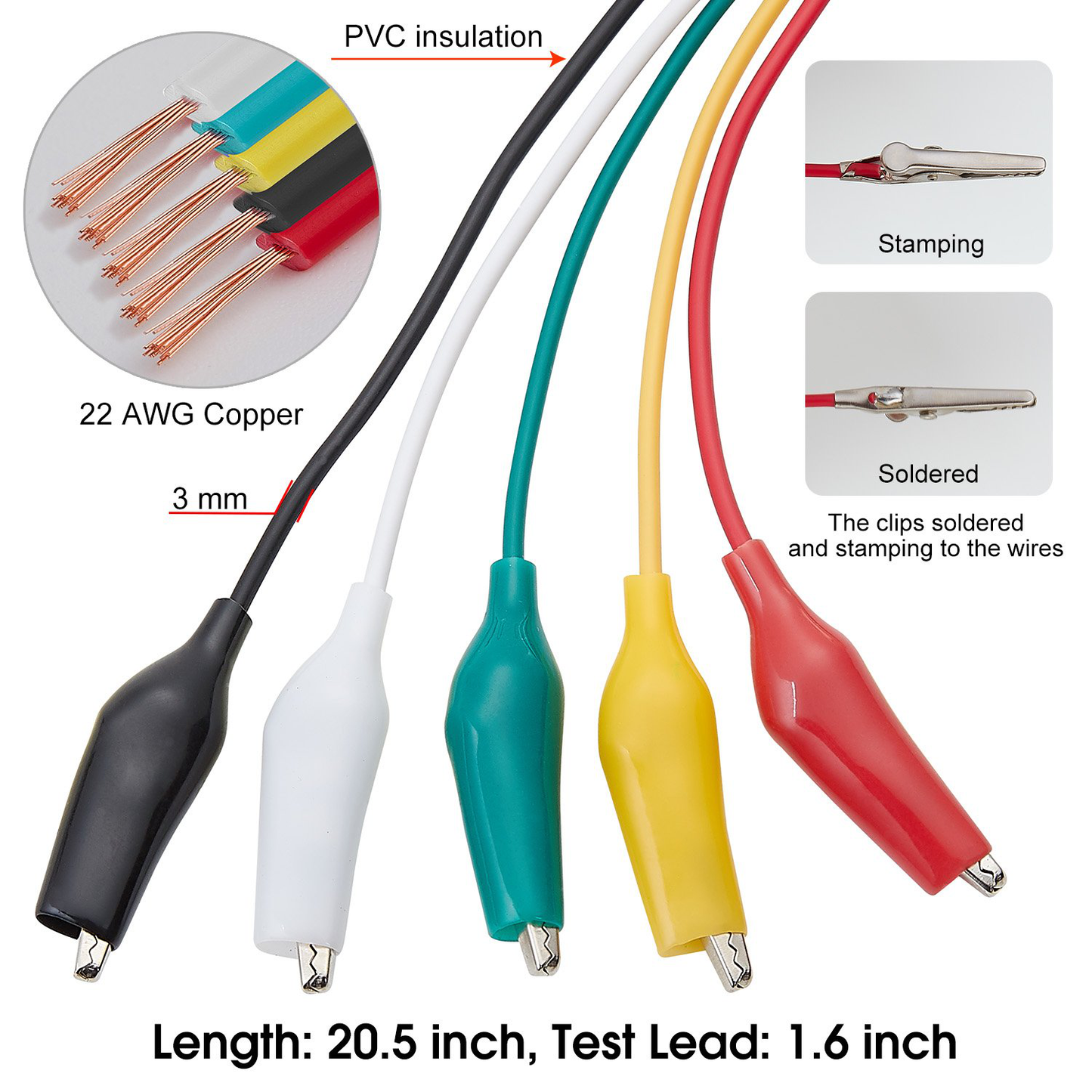 WGGE WG-026 10 Pieces and 5 Colors Test Lead Set & Alligator Clips,20.5 inches (3 Pack)