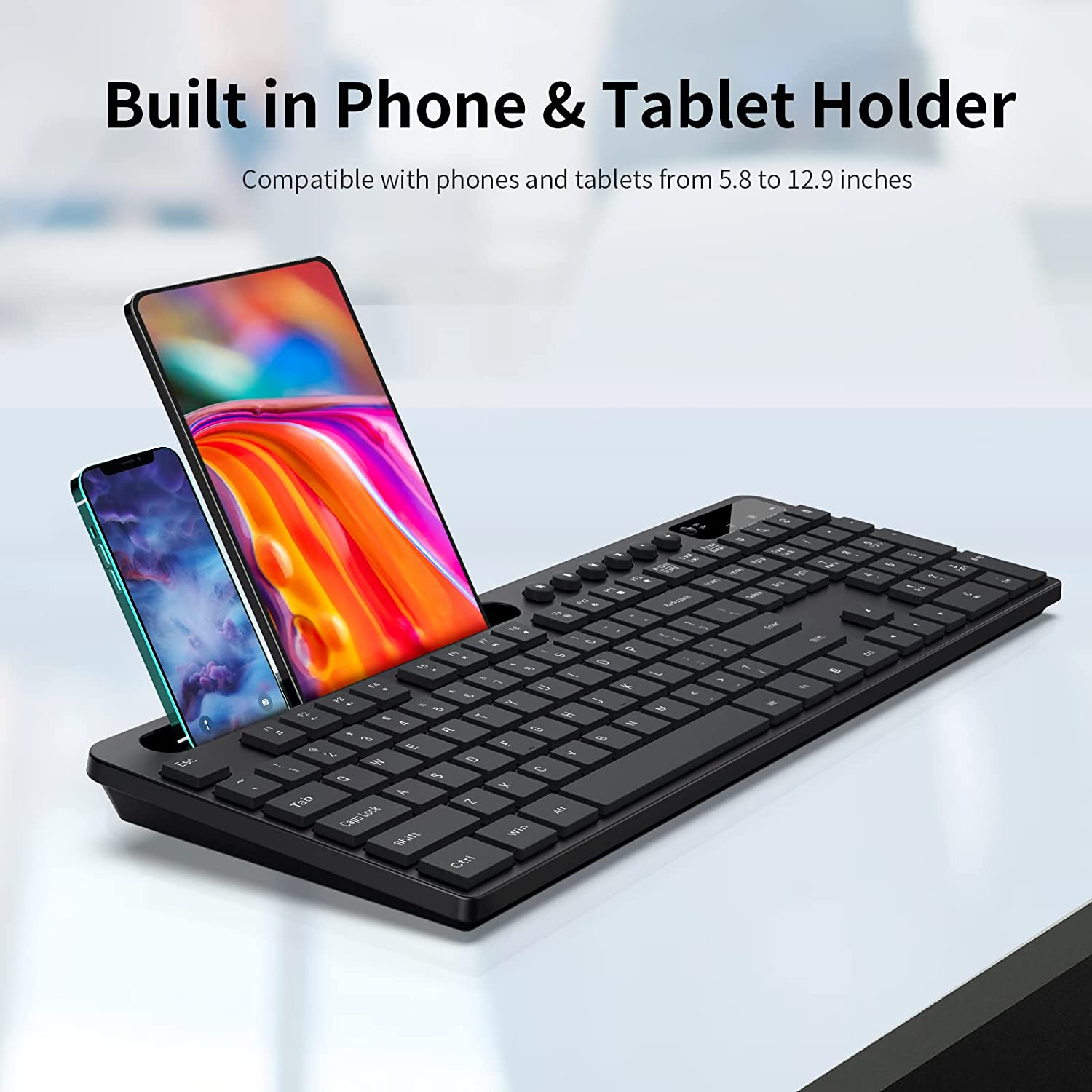 Wireless Keyboard and Mouse Combo with Phone Tablet Holder, 2.4G Ergonomic Wireless Computer Keyboard, Silent Mouse with 6 Button, Compatible with Macbook, Windows