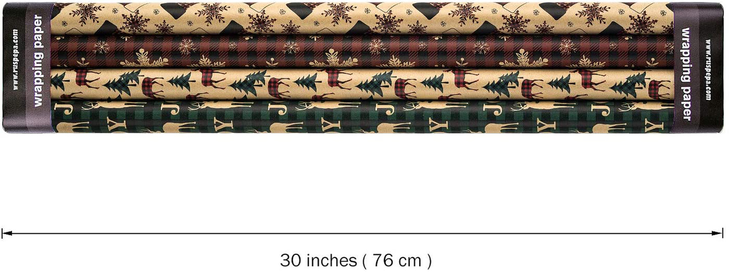 RUSPEPA Christmas Wrapping Paper, Kraft Paper - 4 Rolls - 30 Inches X 10 Feet per Roll