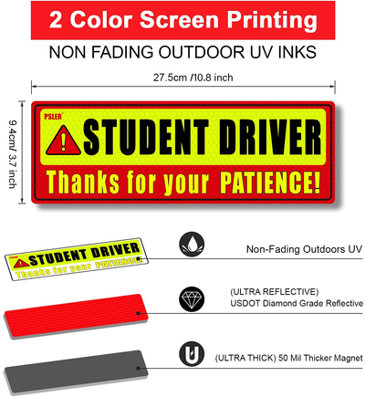 Student Driver Patient Student Driver Magnet Boys and Girls New Student Driver Sticker Safety Warning Red and Yellow Reflective Signs Reusable Movable