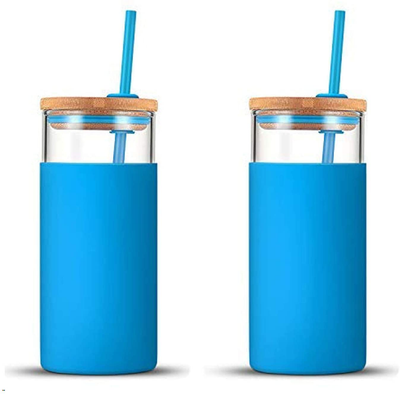 tronco 20oz Glass Tumbler Straw Silicone Protective Sleeve Bamboo Lid - BPA Free (Blue/ 2-Pack)