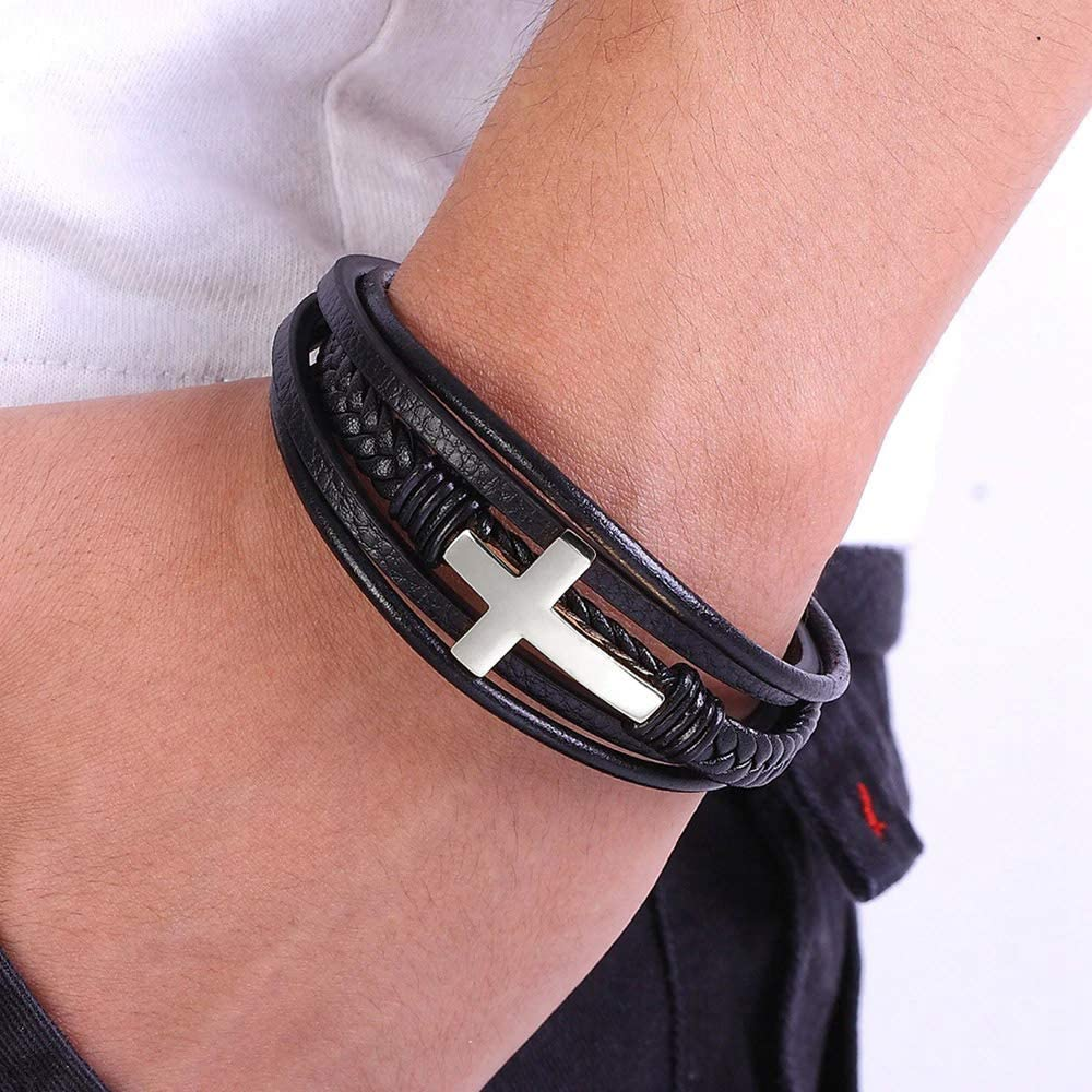 Multi-Layer Braided Leather Bracelets with Magnetic Clasp Mens Cuff Bracelets for Men Genuine Leather Bracelet Christian Leather Bracelet Cross Religious Leather Bracelets