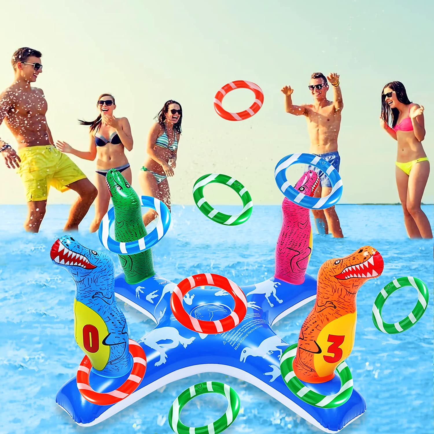 Inflatable Pool Ring Toss Games, Flamingo Pool Games Shark Pool Toys with 6Pcs Rings, Pool Ring Toss Games for Kids and Adults