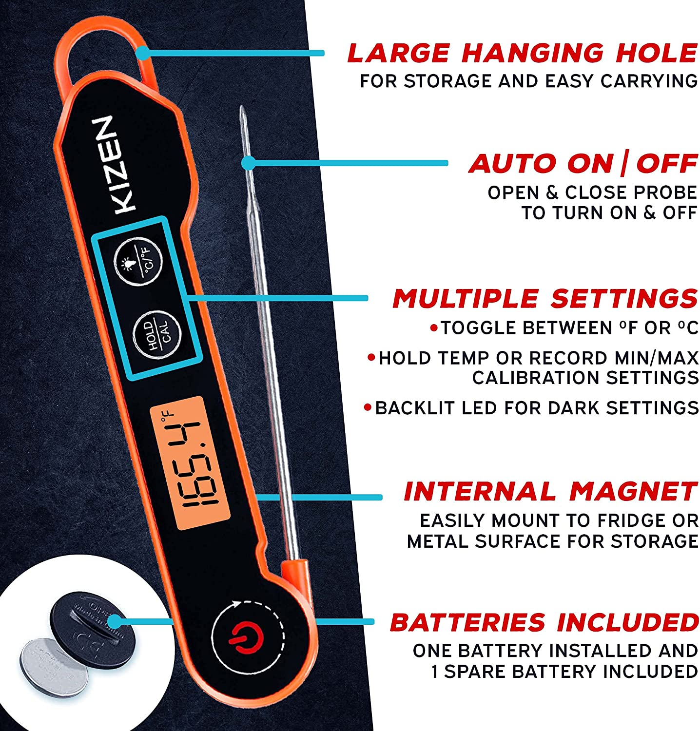 Kizen Digital Meat Thermometers for Cooking - Waterproof Instant Read Food Thermometer for Meat, Deep Frying, Baking, Outdoor Cooking, Grilling, & BBQ (Orange/Black)