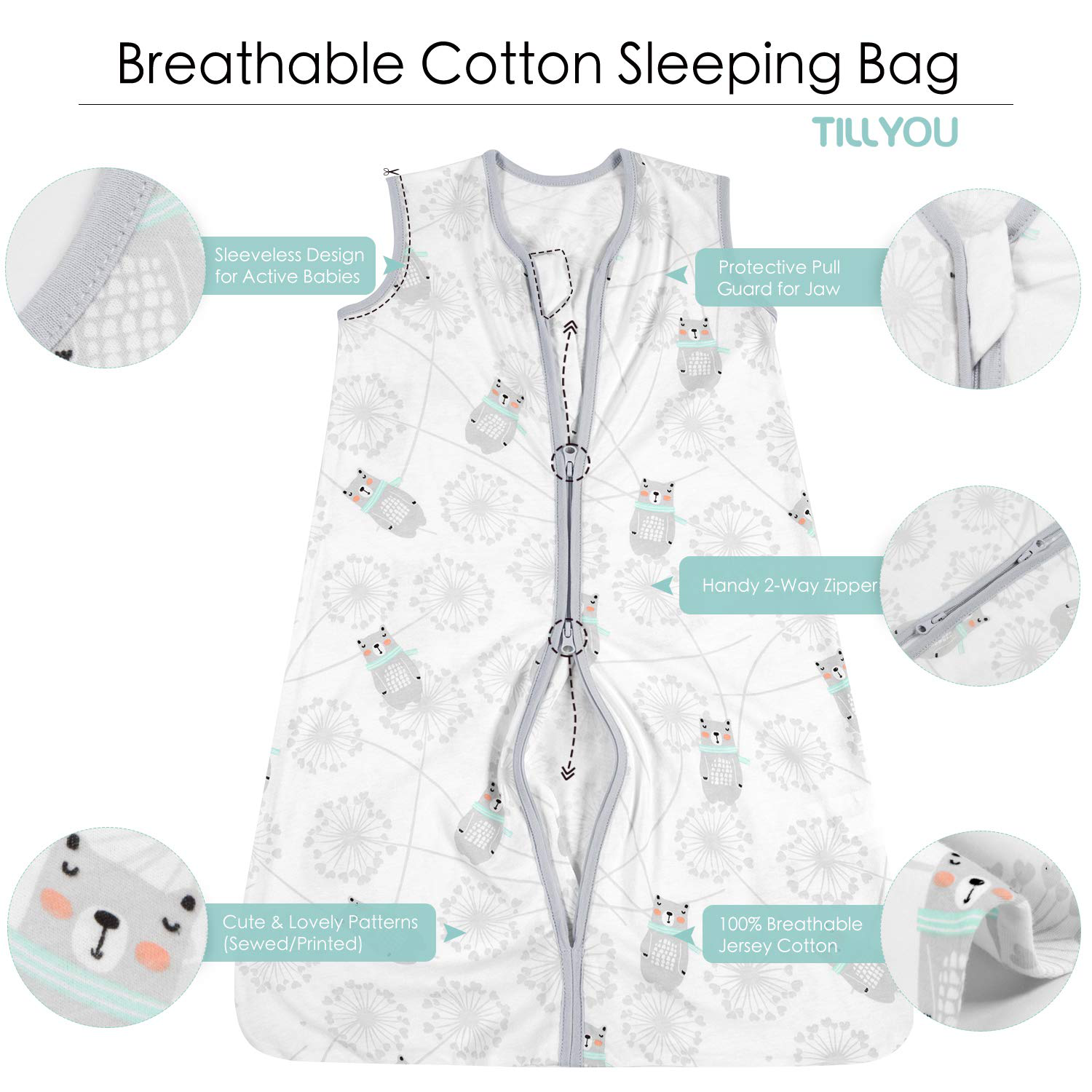 2 Pack TILLYOU Breathable Cotton Baby Wearable Blanket with 2-Way Zipper, Super Soft Lightweight 2-Pack Sleeveless Sleep Bag Sack