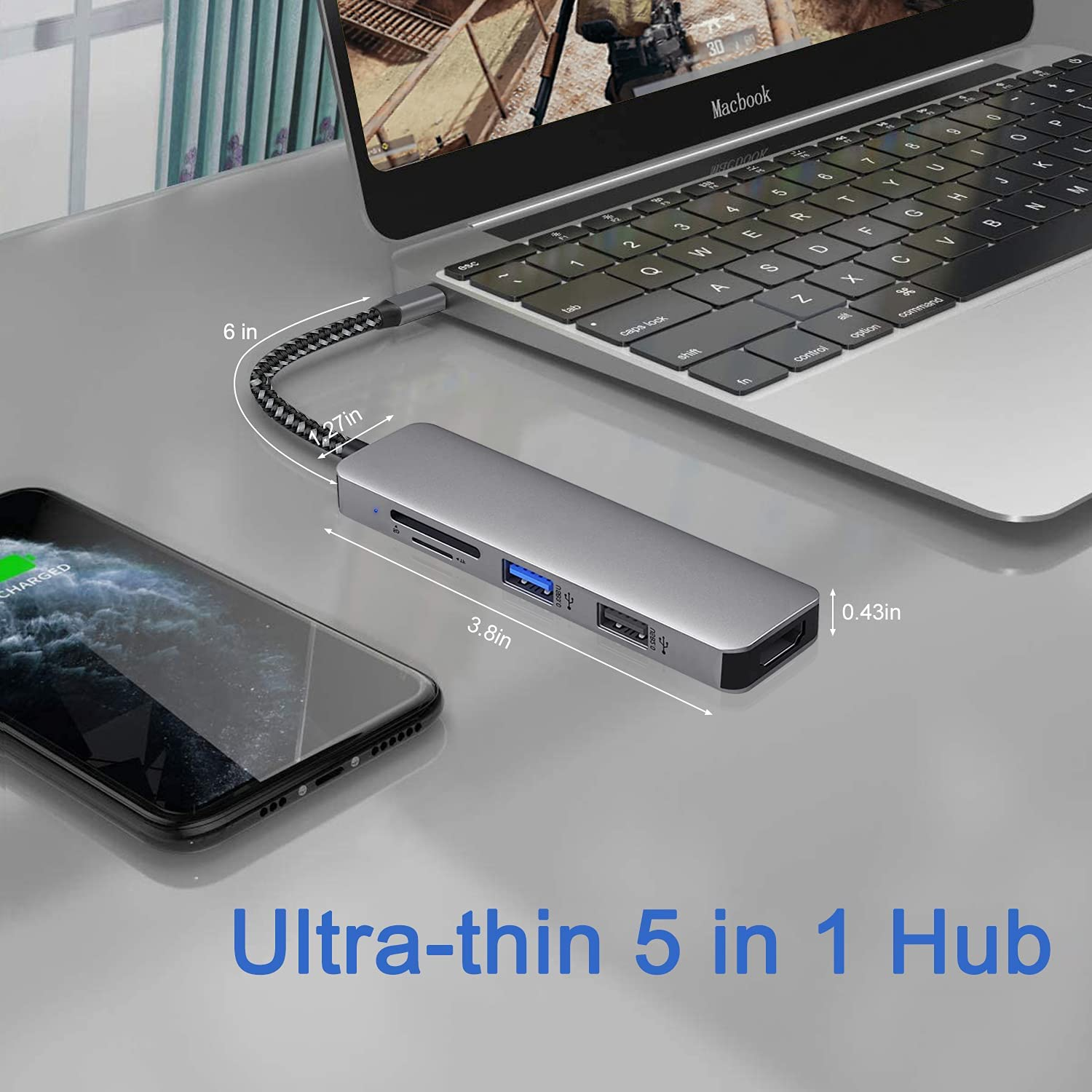 USB C Hub Multiport 5 in 1 USB C Adapter with 4K 30Hz HDMI Card Reader SD/TF Card Slots USB 3.0/2.0 for Macbook Pro/Air Ipad Pro XPS Type C and More