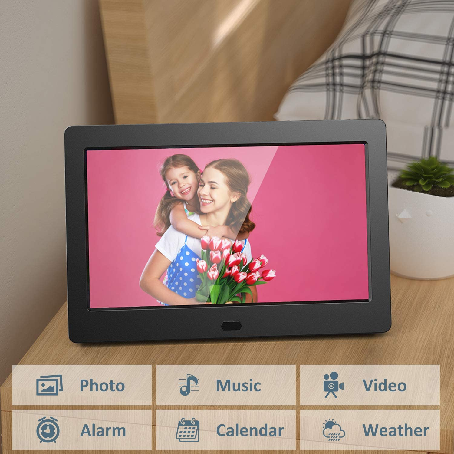 Digital Photo Frame 7 Inch Digital Picture Frame with HD IPS Display Photo/Music/Video Player Calendar Alarm Auto On/Off Timer Remote Control