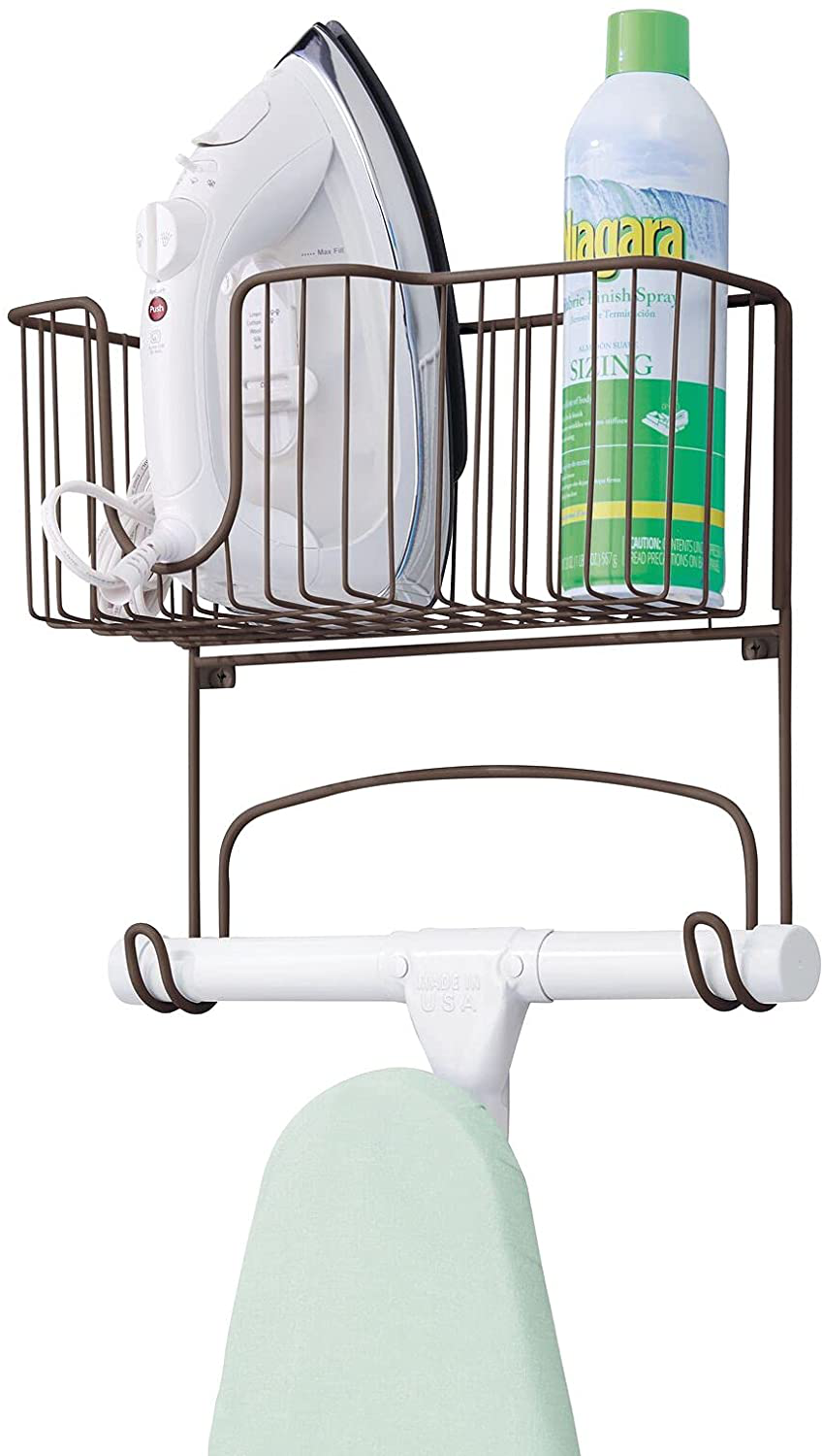 mDesign Metal Wall Mount Ironing Board Holder with Large Storage Basket - Easy Installation, Holds Iron, Board, Spray Bottles, Starch, Fabric Refresher for Laundry Rooms - Graphite Gray