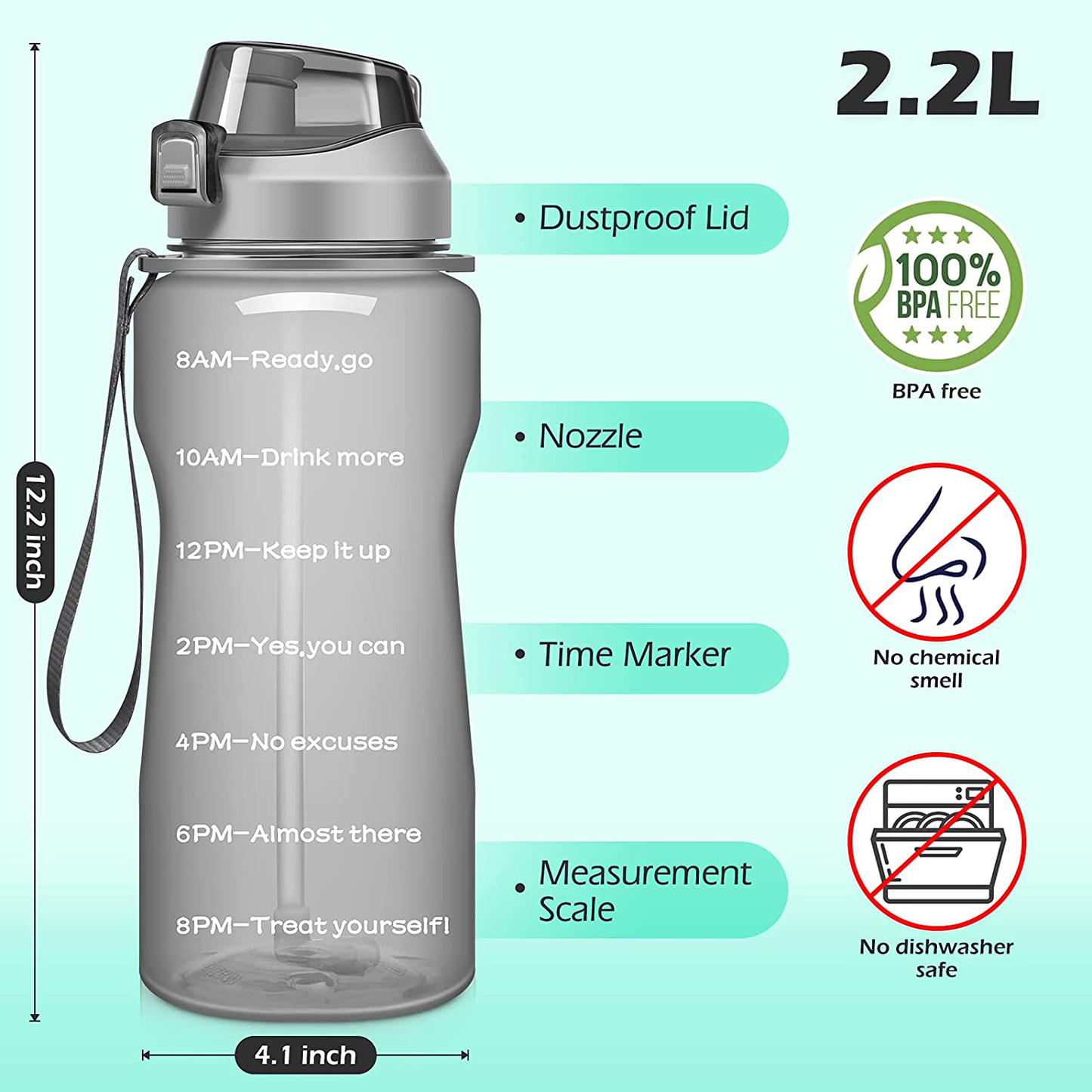 Ahape Gallon Motivational 64/100 oz Water Bottle with Time Marker & Straw, Large Daily Water Jug for Fitness Gym Outdoor Sports, Remind of All Day Hydration, Leak Proof, BPA Free (black, 64oz)
