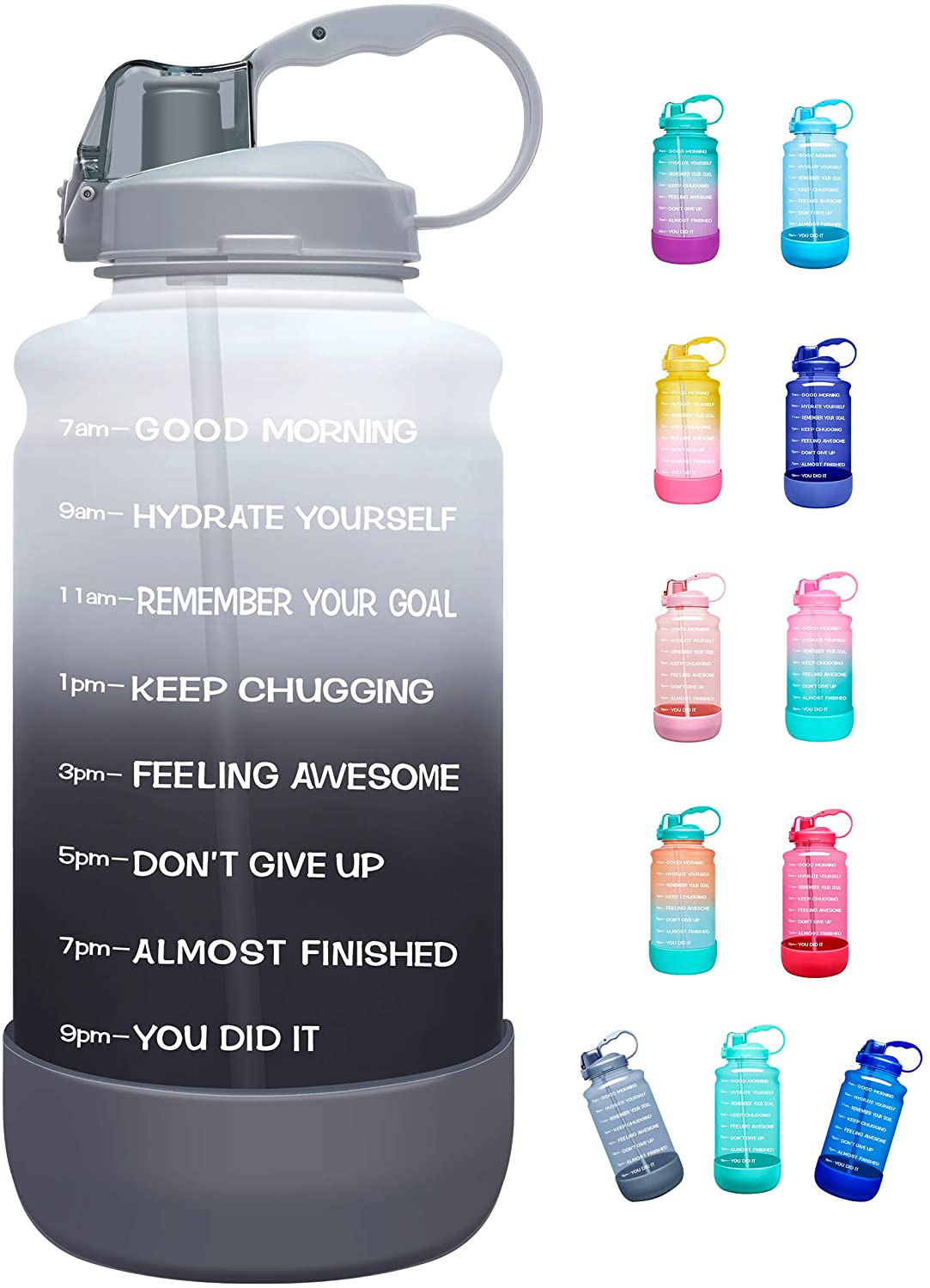 Elvira Half Gallon/64oz Motivational Time Marker Water Bottle with Straw & Protective Silicone Boot, BPA Free Anti-slip Leakproof for Fitness, Gym and Outdoor Sports