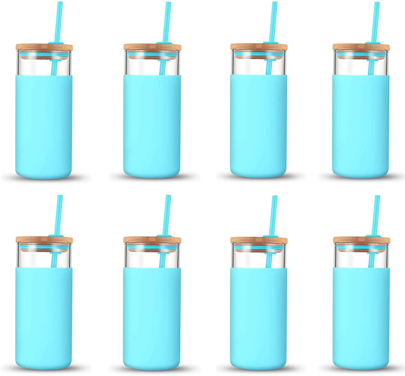 tronco 20oz Glass Tumbler Glass Water Bottle Straw Silicone Protective Sleeve Bamboo Lid - BPA Free (Cape Cod Blue/ 8-Pack)