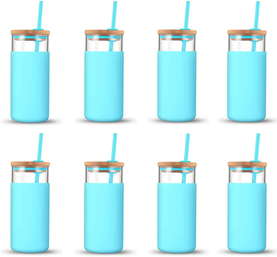 tronco 20oz Glass Tumbler Glass Water Bottle Straw Silicone Protective Sleeve Bamboo Lid - BPA Free (Cape Cod Blue/ 8-Pack)