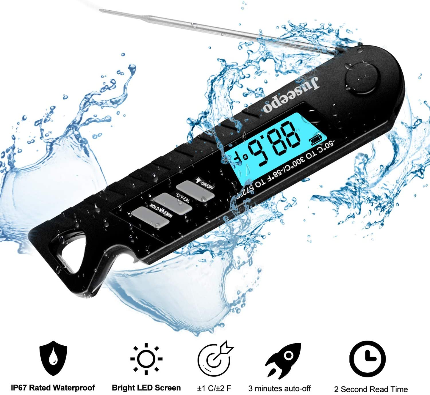 Waterproof Digital Meat Thermometer, 2S Fast Instant Read BBQ Thermometer with Backlight Display and Foldable Probe, Suitable for Kitchen, Outdoor BBQ, Steak, Chicken, Coffee and Fried (Black)